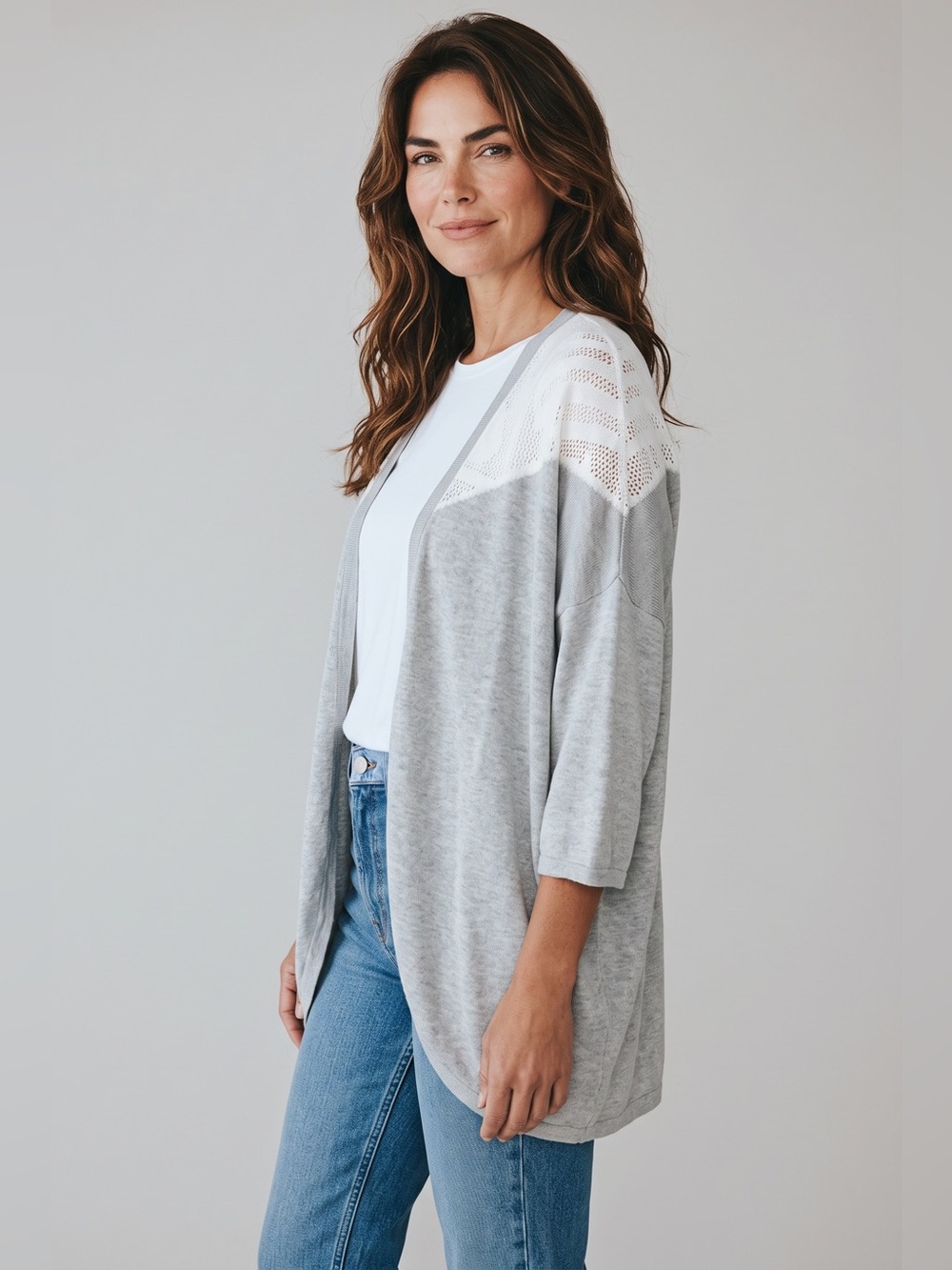 Design History 3/4 Sleeve Cardigan // Gray & White // Large